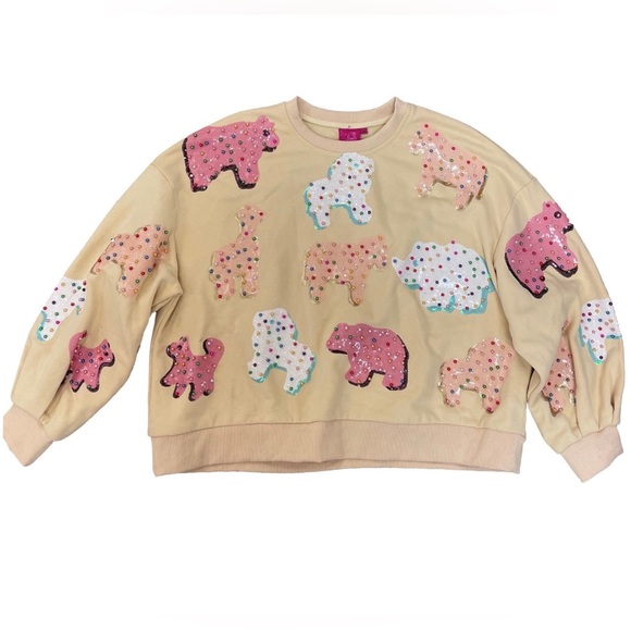 QUEEN OF SPARKLES Sequin ANIMAL CRACKERS Sweatshirt NWT SMALL - Picture 2 of 3